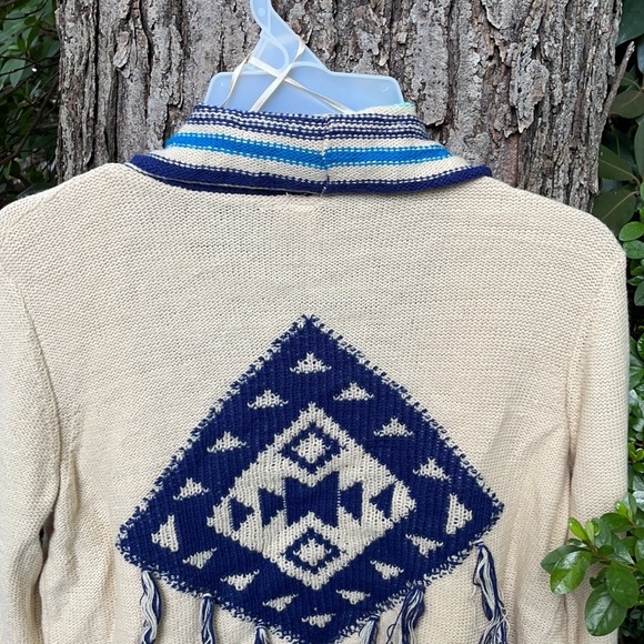 Red Camel Tan Open Front Sweater Cascading Waterfall Blue Stripes Fringes Aztec - Picture 13 of 16